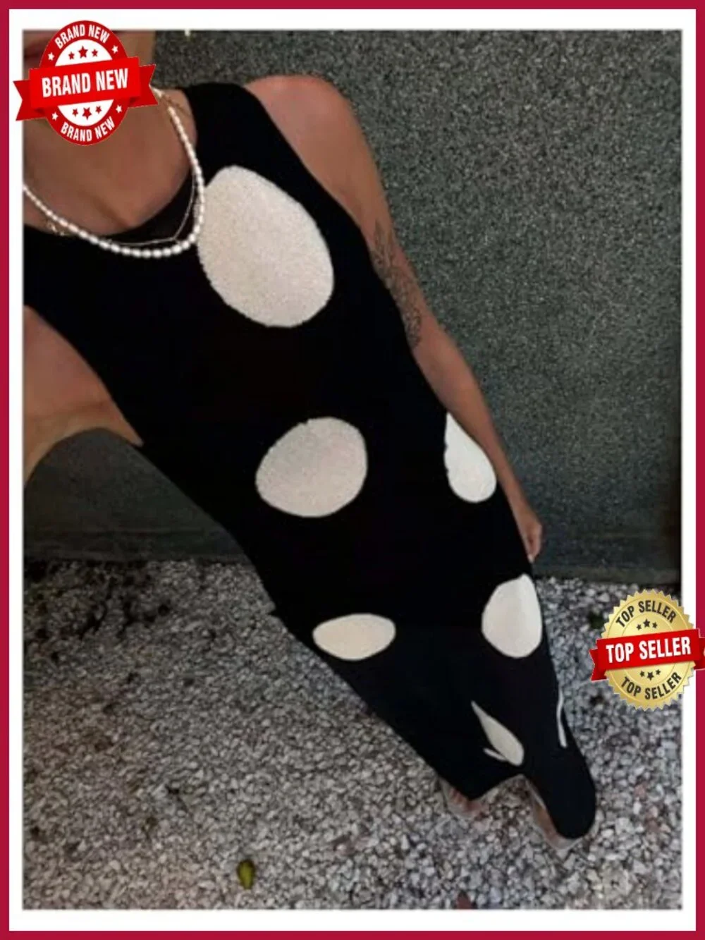 Sleeveless Polka Dot Sweater Dress with Crew Neck, Maxi Length